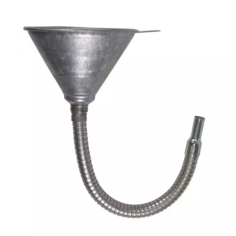 Entonnoir fabriqué en acier galvanisé avec tube allongé flexible.